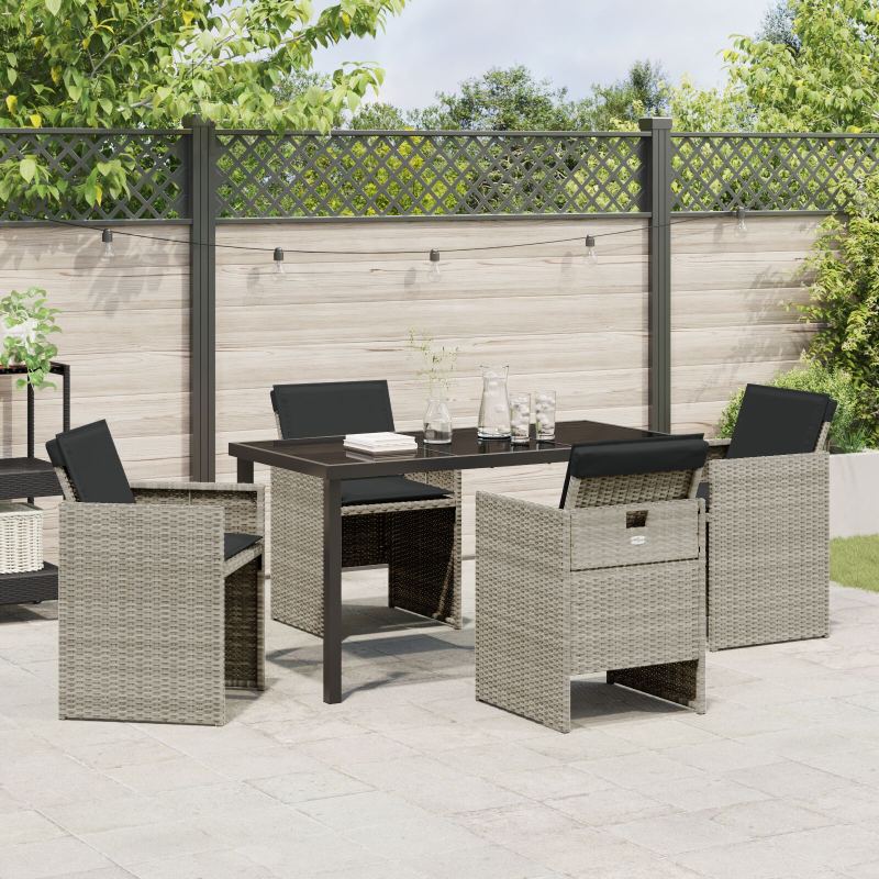 5-teiliges Garten Ess-Set mit Kissen, hellgrau, Poly Rattan