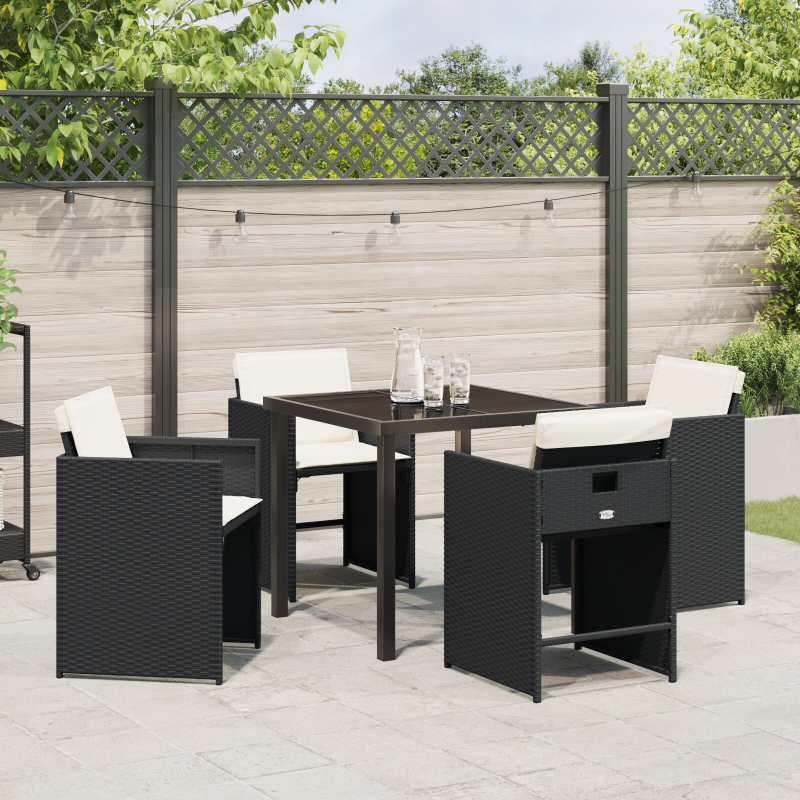 5-teiliges Garten-Dining-Set mit Kissen Schwarz Poly-Rattan