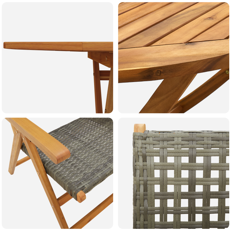 7-teiliges Garten-Esszimmer-Set in Grau aus massivem Akazienholz und Poly-Rattan