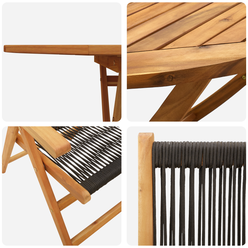 7-teiliges Essset für den Außenbereich - Schwarzes Akazienholz mit Poly-Rattan