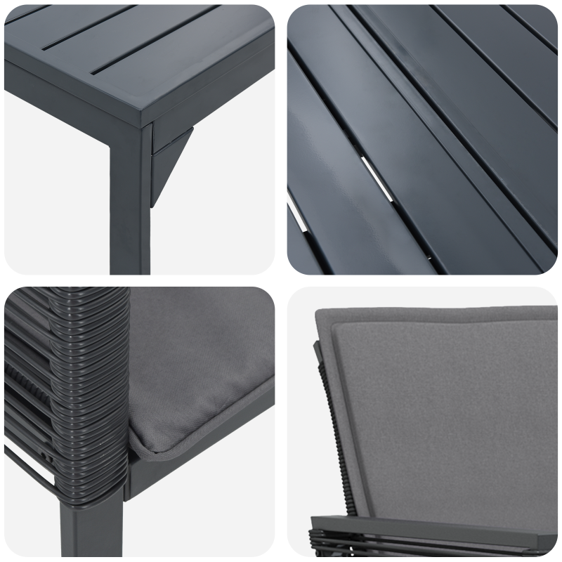 9-teiliges Garten-Essset mit Polstern Schwarz Poly Rattan, Erweiterbarer Gartentisch Anthrazit (140-210)x90x73 cm Stahl