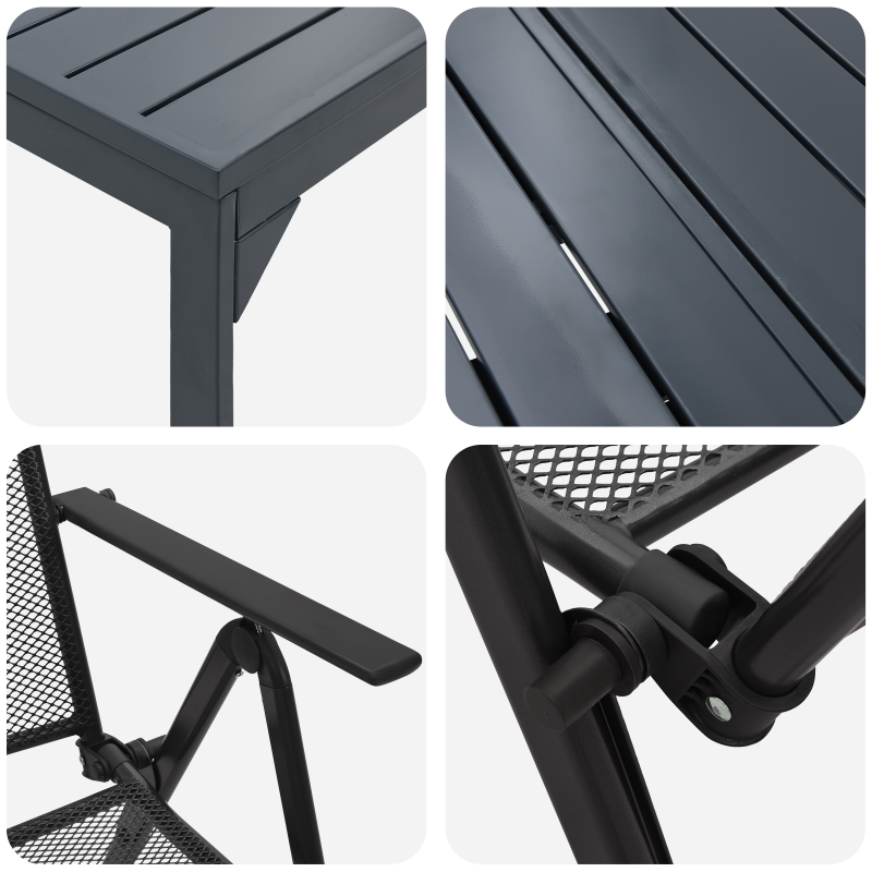 9-teiliges Flurmöbel Set in Anthrazitstahl, Ausziehbarer Gartentisch in Anthrazit (140-210)x90x73 cm aus Stahl