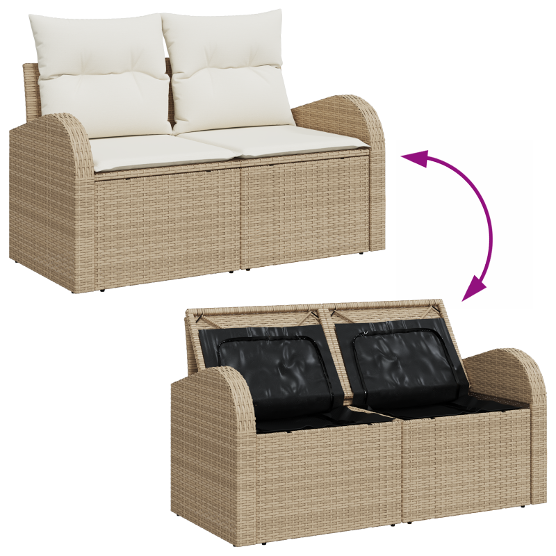 8 teilige Garten Sofa Set mit Kissen Beige Poly Rattan Akazie