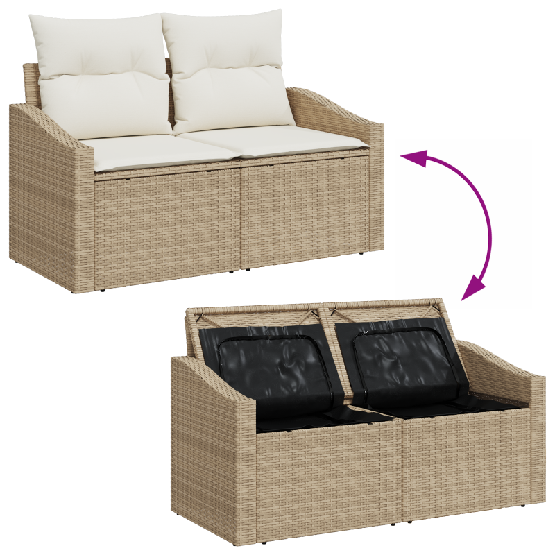 8-teiliges Garten Sofa Set mit Kissen Beige Poly Rattan Akazie
