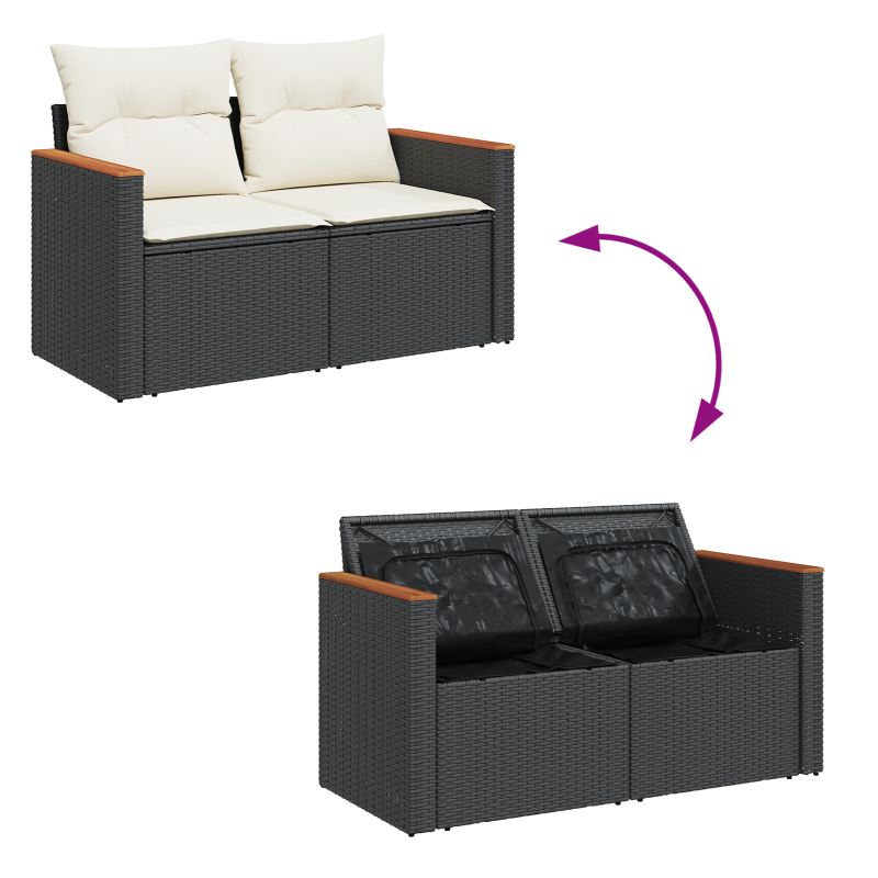 9-teiliges Garten Sofa Set mit Kissen in Schwarz aus Poly Rattan