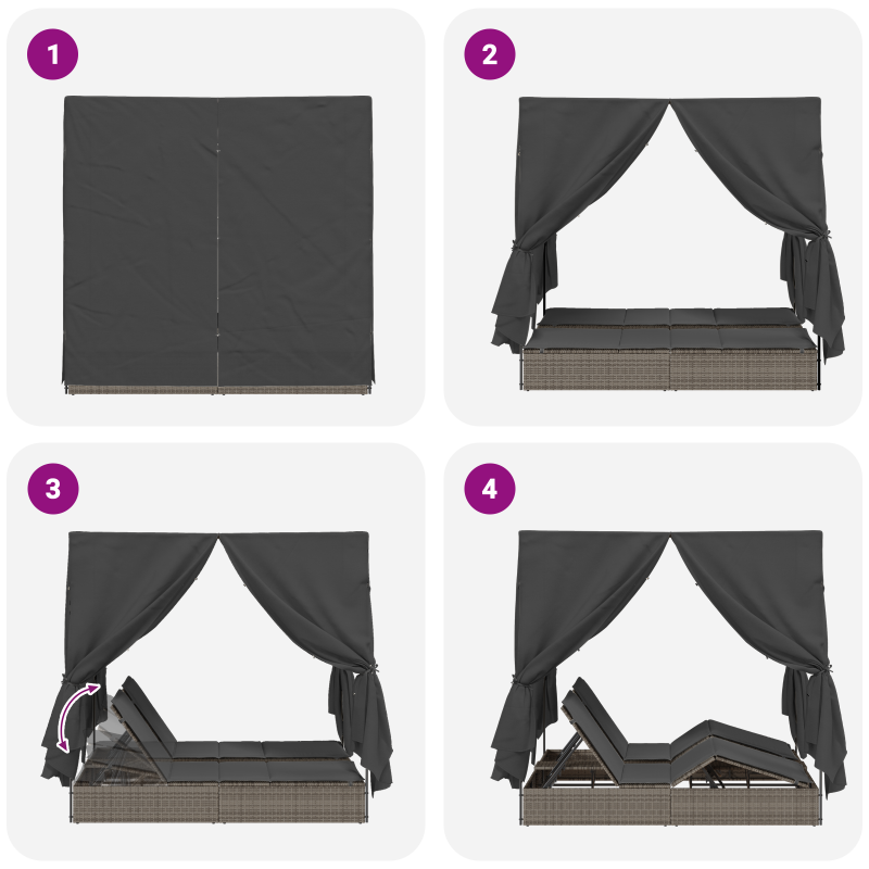 Doppel-Sonnenliege mit Dach und Vorhängen Grau Poly-Rattan