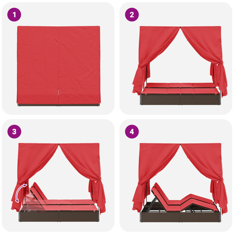 Doppelte Sonnenliege Set aus 2 Braun und Rot Rattan und Polyester