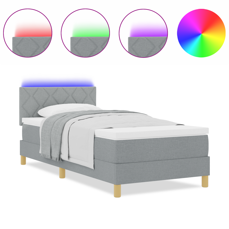 Boxspringbett mit Matratze & LED in Hellgrau 90x200 cm aus Stoff