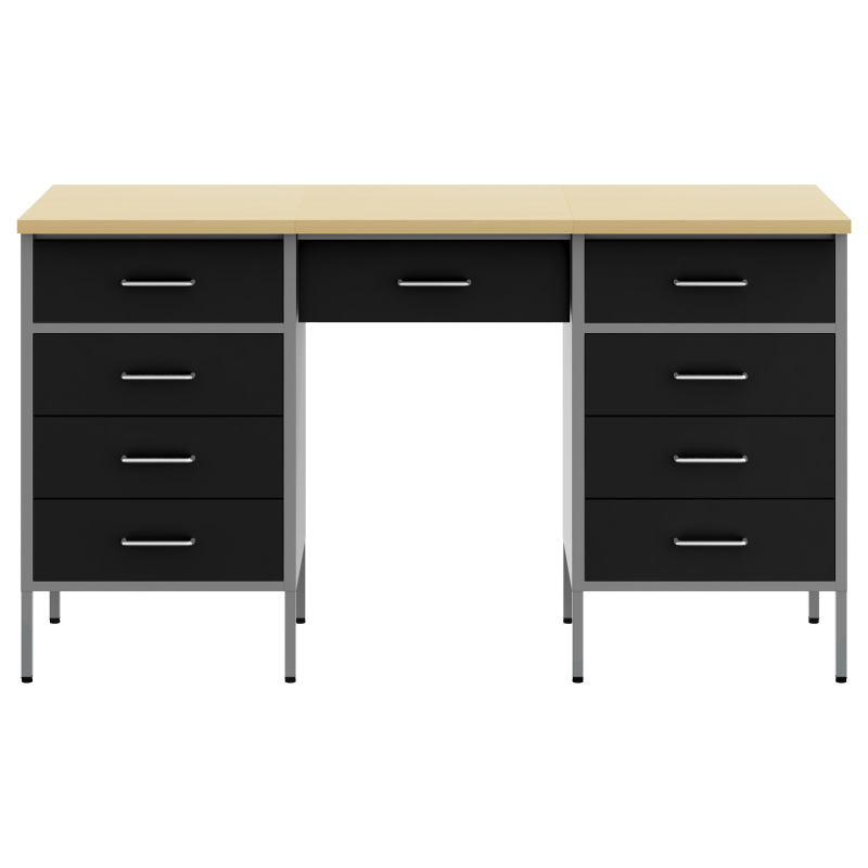 3-teiliger Arbeitsstellen- und Tisch-Satz Schwarz Ingenieurholz und Stahl