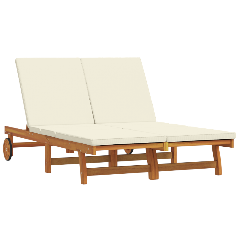 Doppel-Sonnenliege mit Rädern und Kissen aus massivem Akazienholz