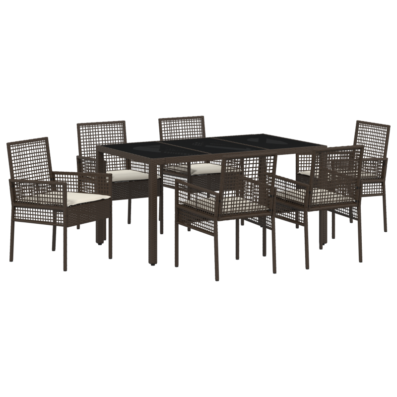 7-teiliges Garten-Dining-Set mit Kissen in Braunem Poly-Rattan