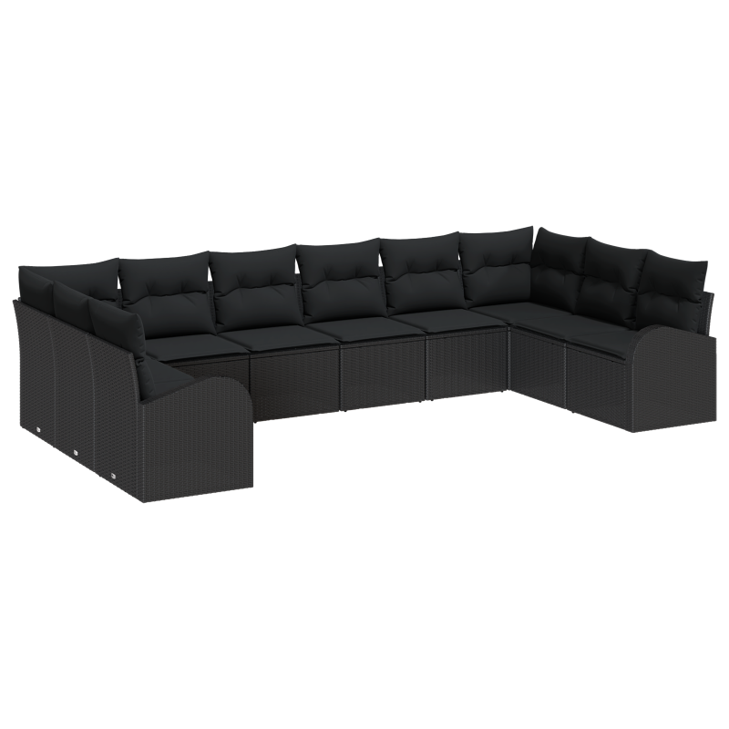9-teiliges Garten-Sofa-Set mit Kissen - Schwarzes Poly-Rattan