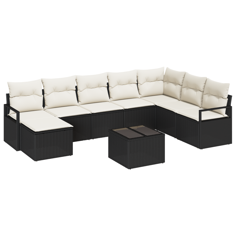 9-teiliges Garten-Sofa-Set mit Kissen, schwarzes Poly-Rattan