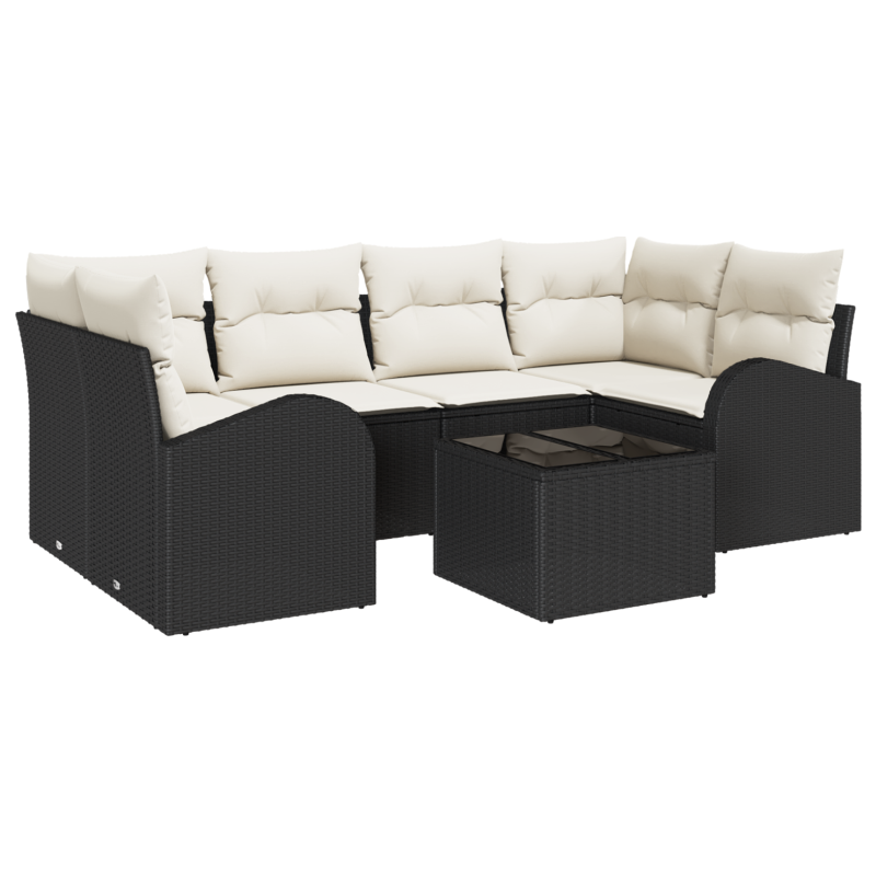 7-teiliges Garten Sofa Set mit Kissen Schwarz Poly Rattan