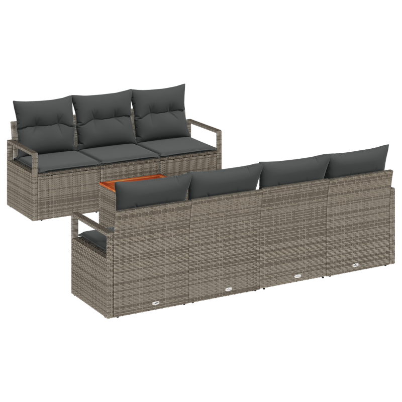 7 Teiliges Garten Sofa Set mit Kissen Grau Poly Rattan Akazie