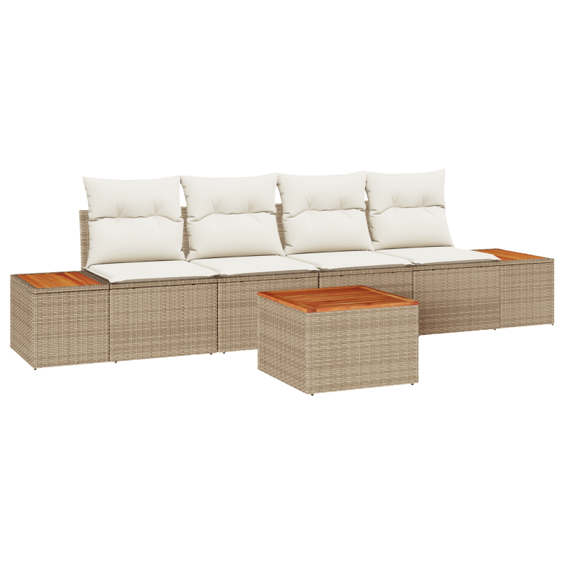 5-teiliges Garten Sofa Set mit Kissen Beige Poly Rattan Akazie