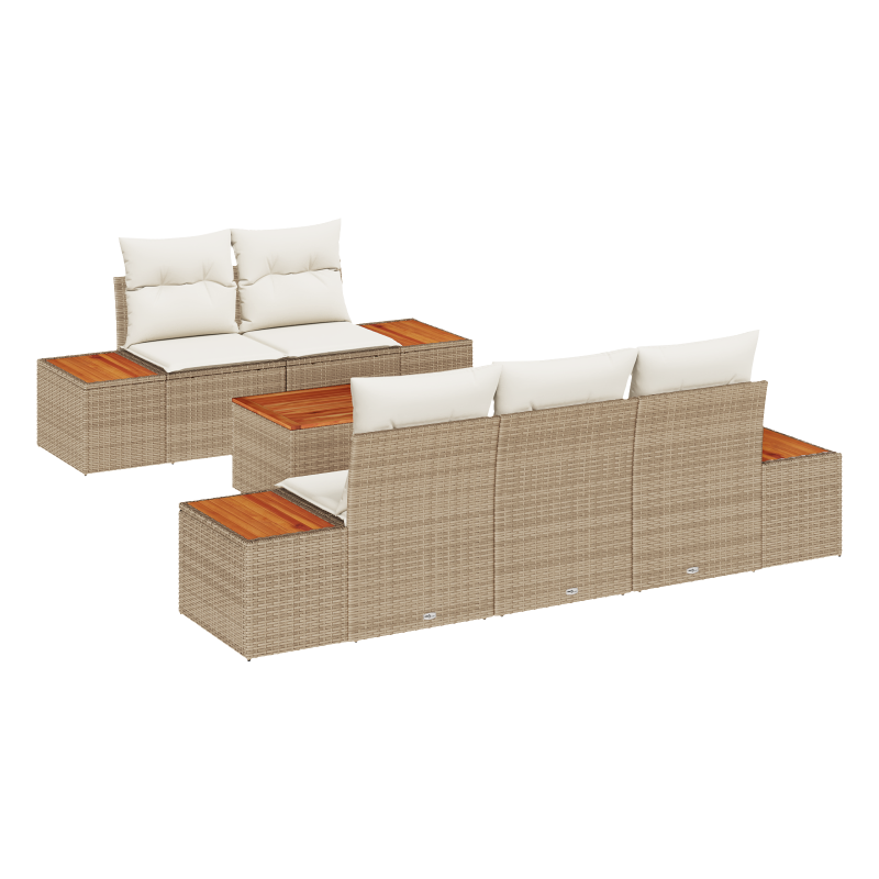 6-teilige Garten Sofa Set mit Kissen Beige Poly Rattan Akazie
