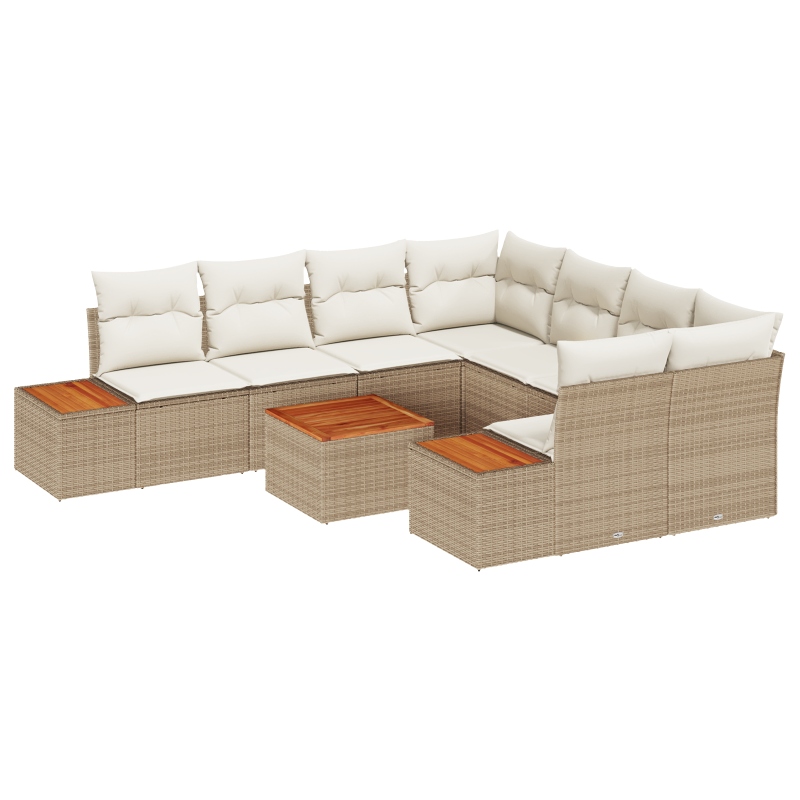 9-teilige Garten Sofagarnitur mit Kissen Beige Poly Rattan Akazie