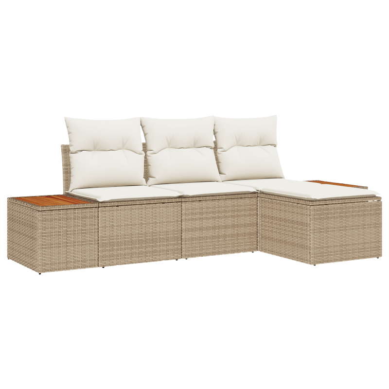 4-teiliges Garten Sofa Set mit Kissen Beige Poly Rattan Akazie