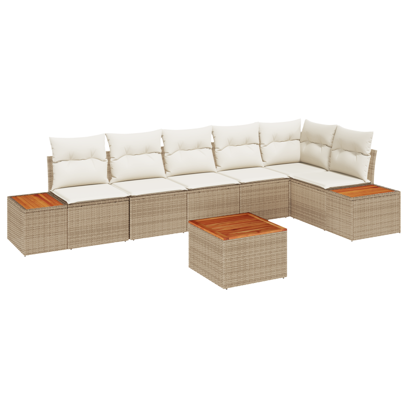 7-teiliges Garten Sofa Set mit Kissen Beige Poly Rattan Akazie