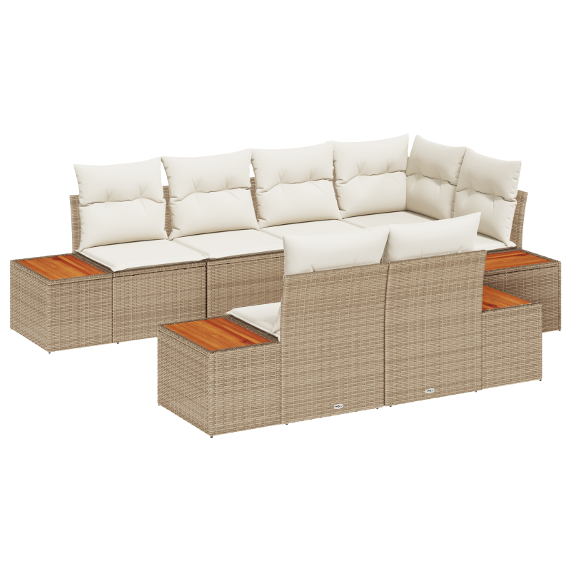 7-teilige Garten Sofa Set mit Kissen Beige Poly Rattan Akazie