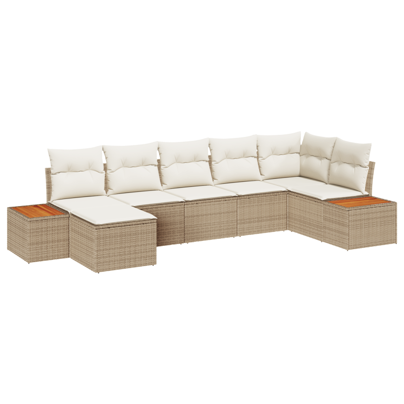 7-teiliges Garten Sofa Set mit Kissen Beige Poly Rattan Akazie
