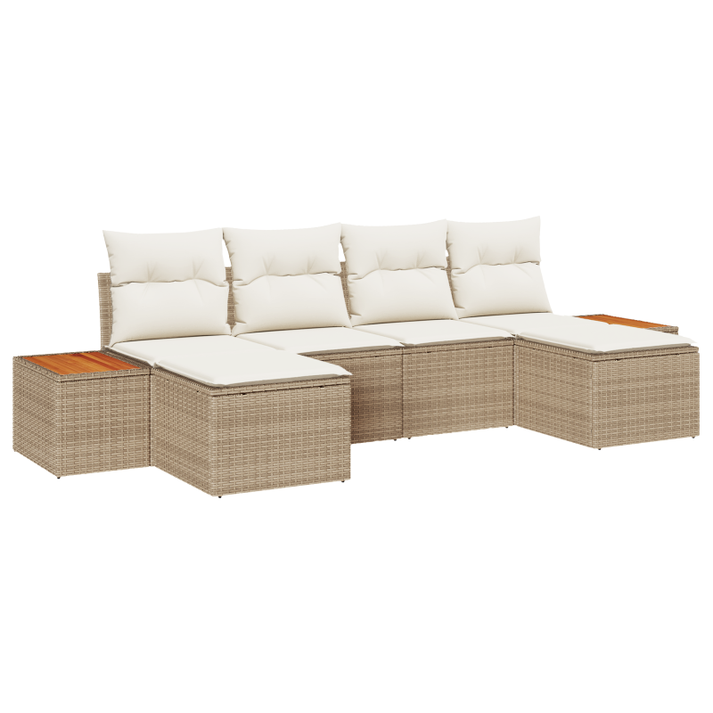 6-teiliges Garten-Sofa Set mit Kissen Beige Poly Rattan Akazie