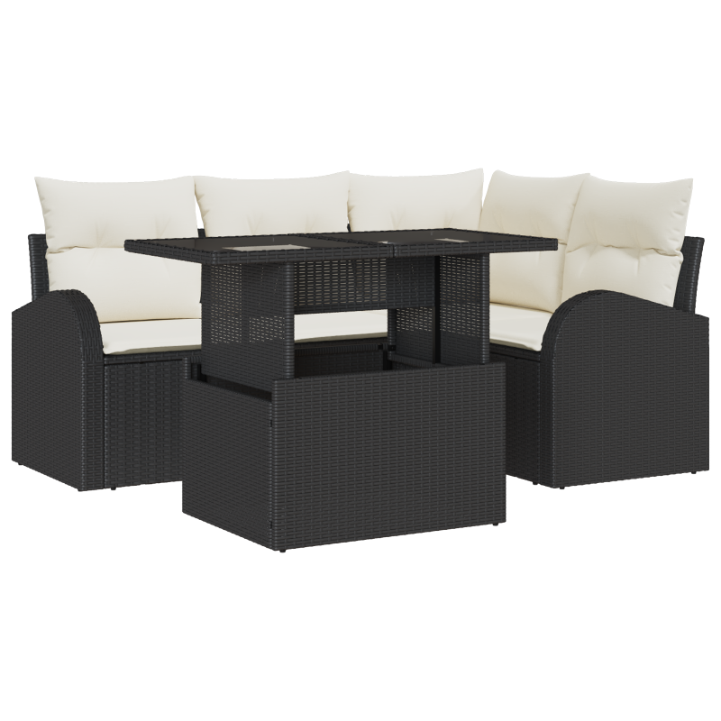 5-teiliges Garten Sofa Set mit Kissen Schwarz Poly Rattan