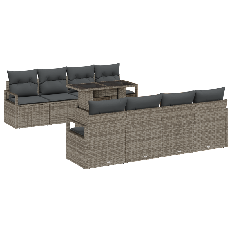 9-teiliges Garten Sofa Set mit Kissen Grau Poly Rattan
