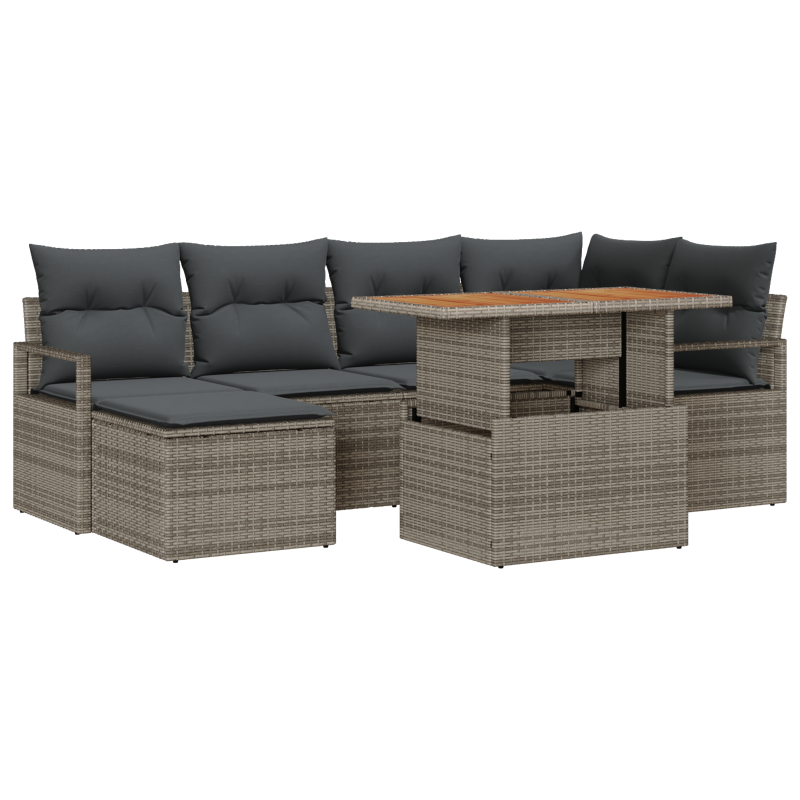 7-teiliges Garten Sofa Set mit Kissen Grau Poly Rattan