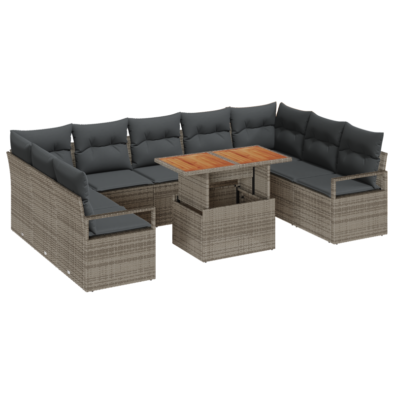 10-teiliges Garten Sofa Set mit Kissen Grau Poly Rattan