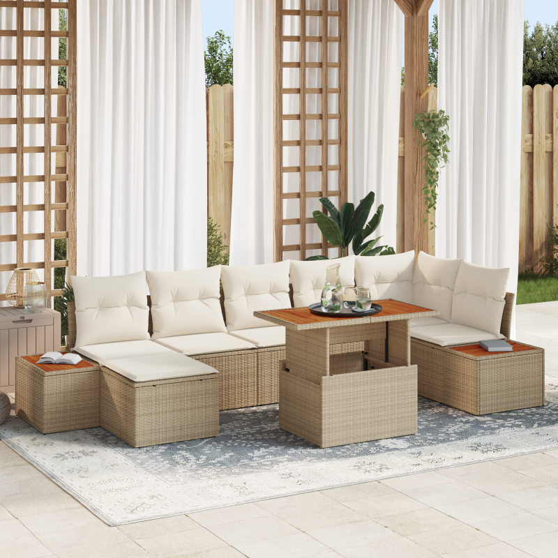 8-teiliges Garten Sofa Set mit Kissen Beige Poly Rattan