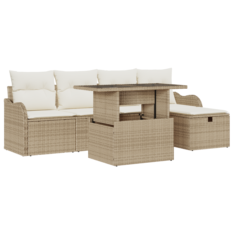 6-teiliges Garten-Sofa-Set mit Kissen in Beige aus Poly-Rattan