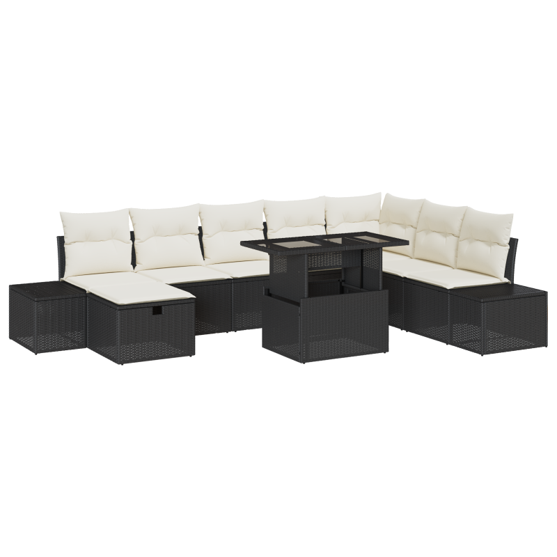 9-teiliges Garten Sofa Set mit Kissen Schwarz Poly Rattan