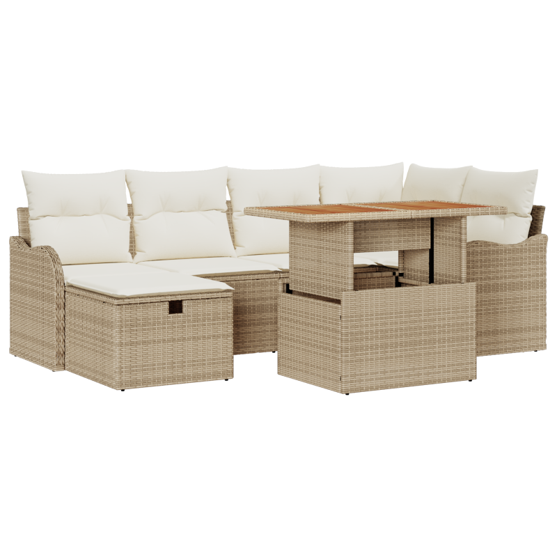 7-teiliges Garten Sofa Set mit Kissen Beige Poly Rattan