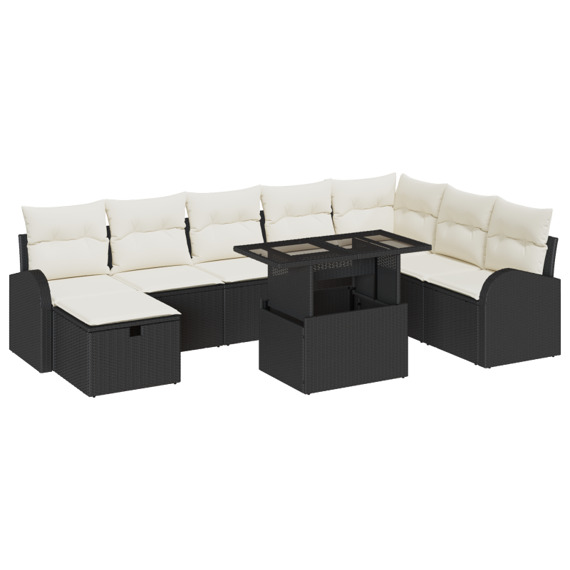 9-teiliges Garten Sofaset mit Kissen Schwarz Poly Rattan