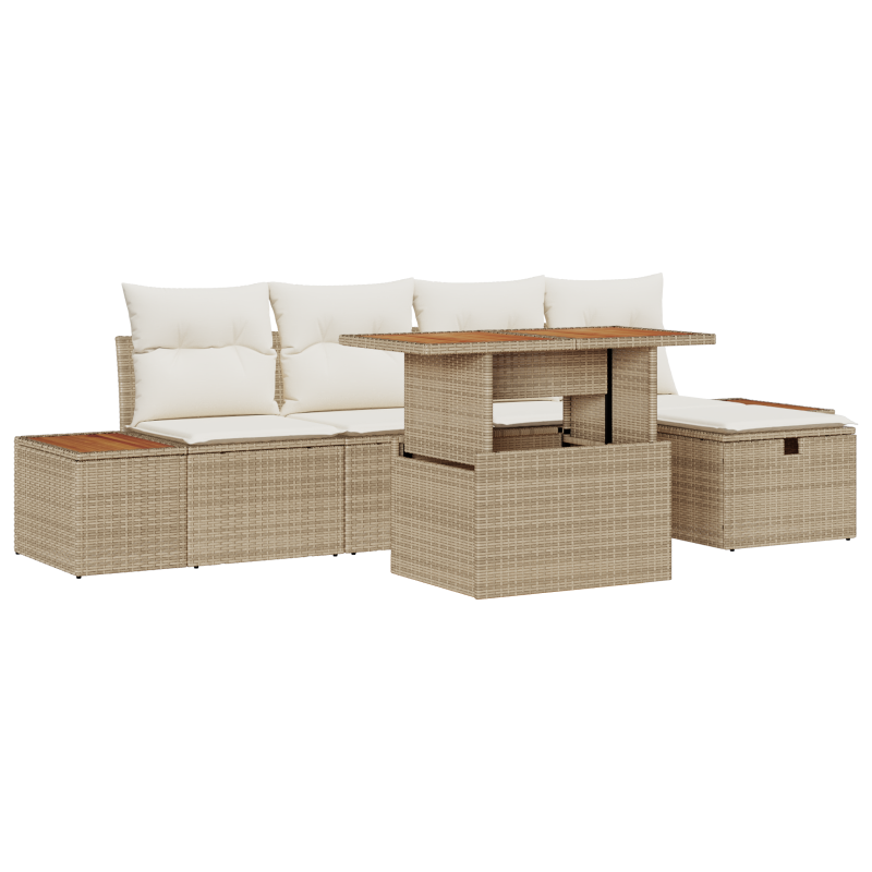 6-teiliges Garten Sofa Set mit Kissen Beige Poly Rattan Akazie
