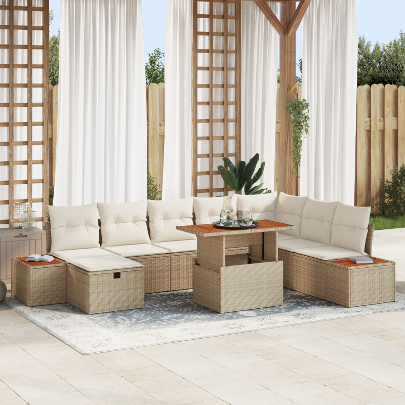 9-teiliges Garten Sofaset mit Kissen Beige Poly Rattan Akazie