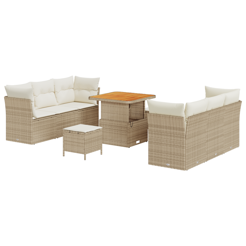 9-teiliges Garten-Sofa-Set mit Kissen Beige Poly Rattan Akazie