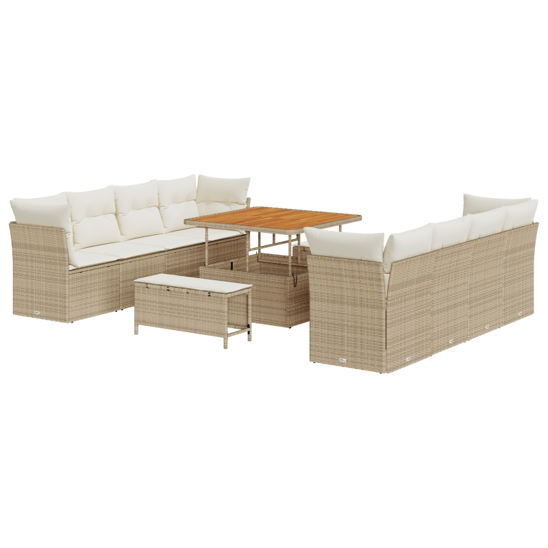 11tlg. Garten Sofa Set mit Kissen Beige Poly Rattan Akazie