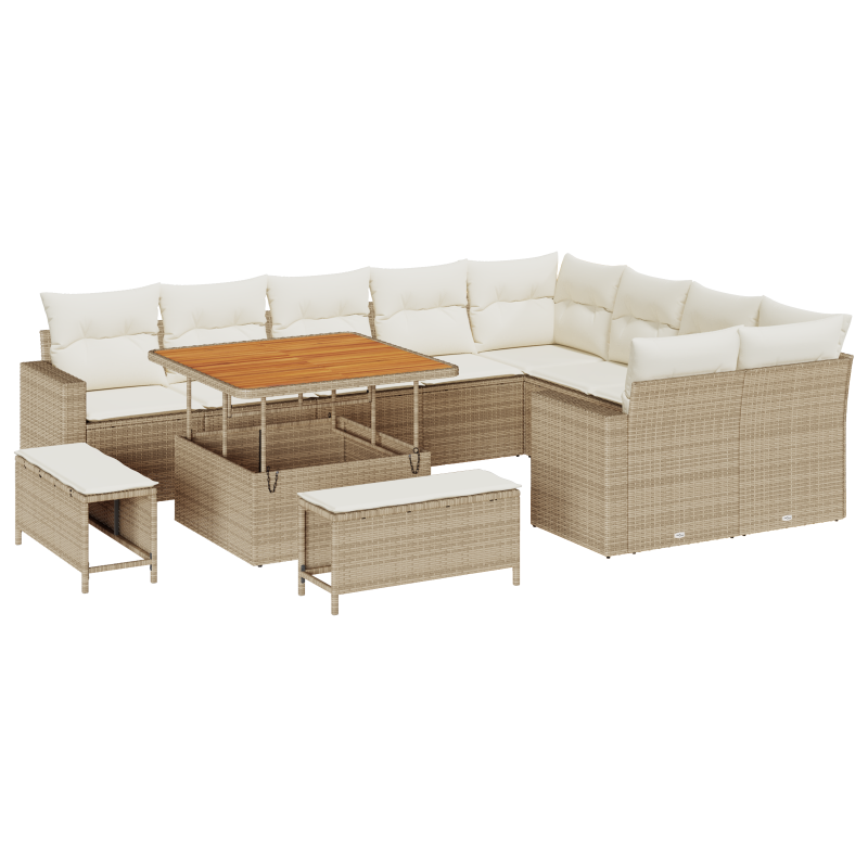 12-teiliges Garten-Sofa-Set mit Kissen Beige Poly Rattan Akazie