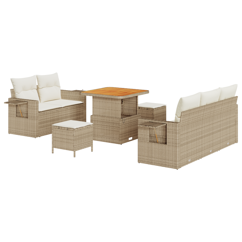 8-teiliges Garten Sofa Set mit Kissen Beige Poly Rattan Akazie