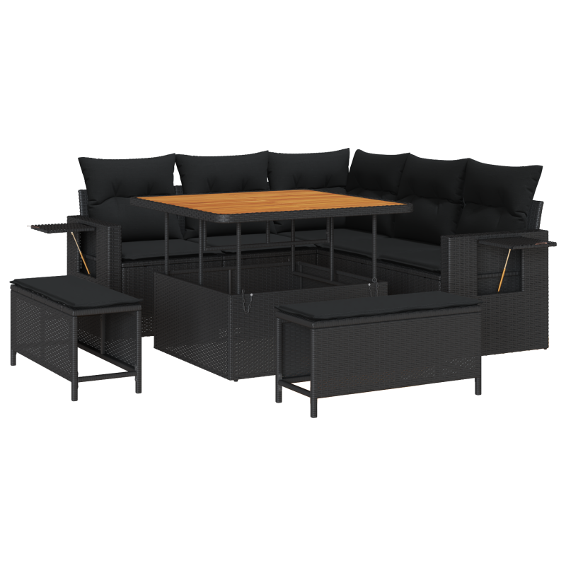 8-teiliges Garten Sofa Set mit Kissen Schwarz Poly Rattan Akazie