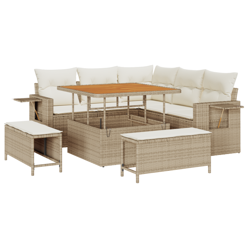8-teiliges Garten Sofa Set mit Kissen Beige Poly Rattan Akazie