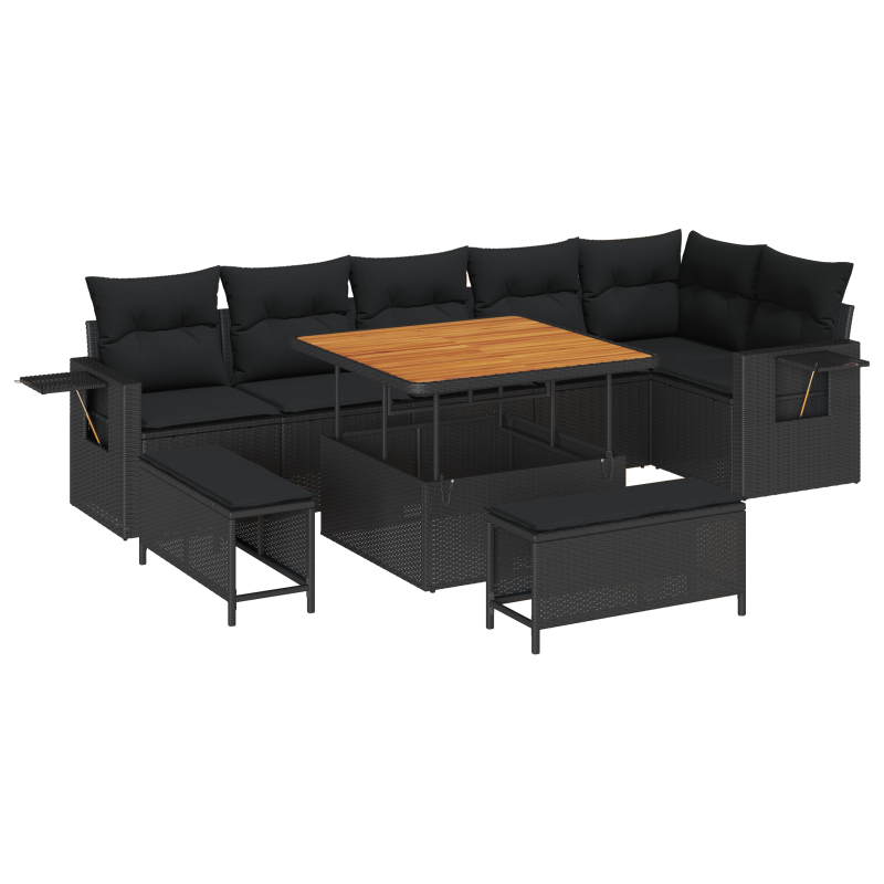 5-teiliges Gartensofa Set mit Kissen in Schwarz aus Polyrattan und Akazie