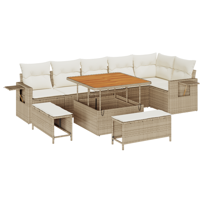 9-teiliges Garten-Sofa-Set mit Kissen Beige Poly-Rattan Akazie