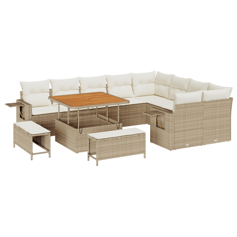 12-teiliges Garten-Sofa-Set mit Kissen Beige Poly-Rattan Akazie
