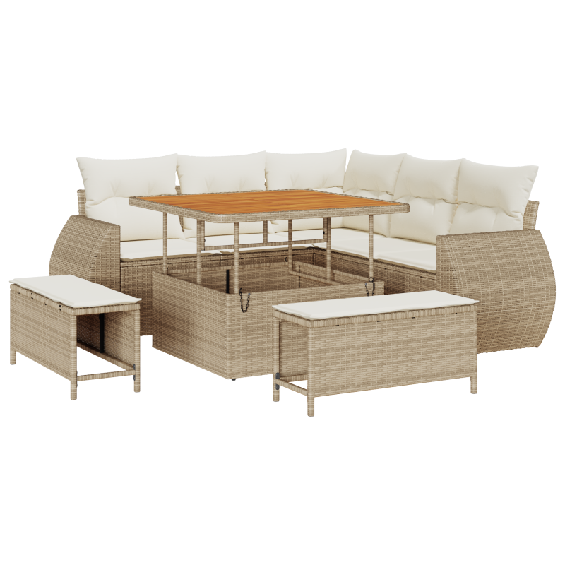 8-teiliges Garten Sofaset mit Kissen Beige Poly Rattan Akazie