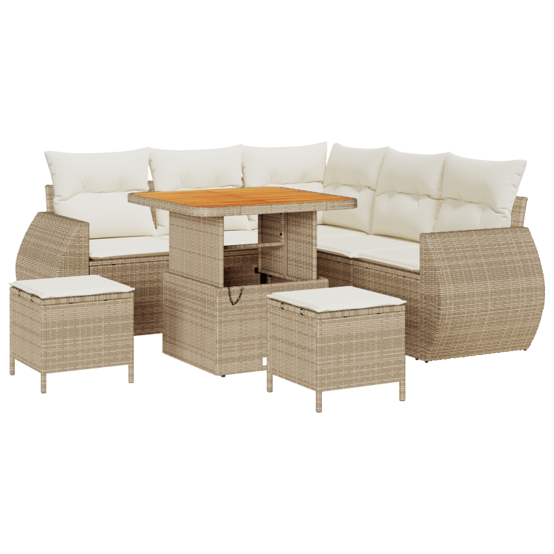 8-teiliges Garten Sofa Set mit Kissen Beige Poly Rattan Akazie