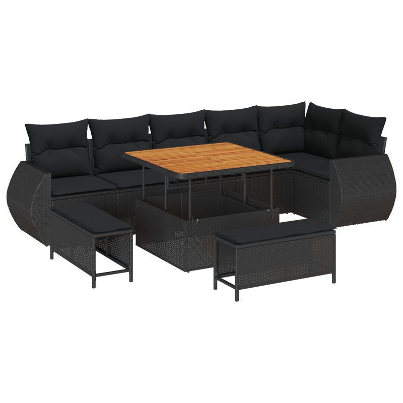 9 Teile Garten Sofa Set mit Kissen, Schwarz Poly Rattan Akazie